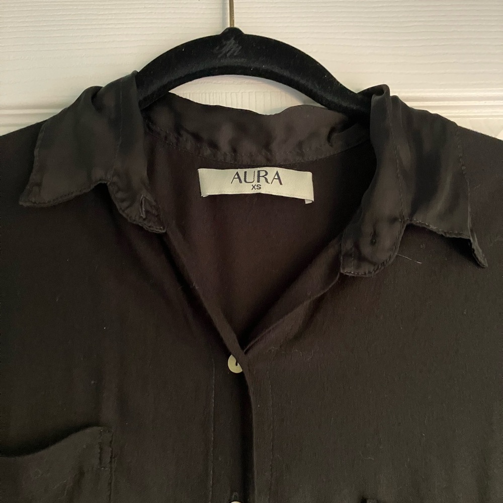 Aura Solid Black Maxi Dress Button Front Collar A… - image 4